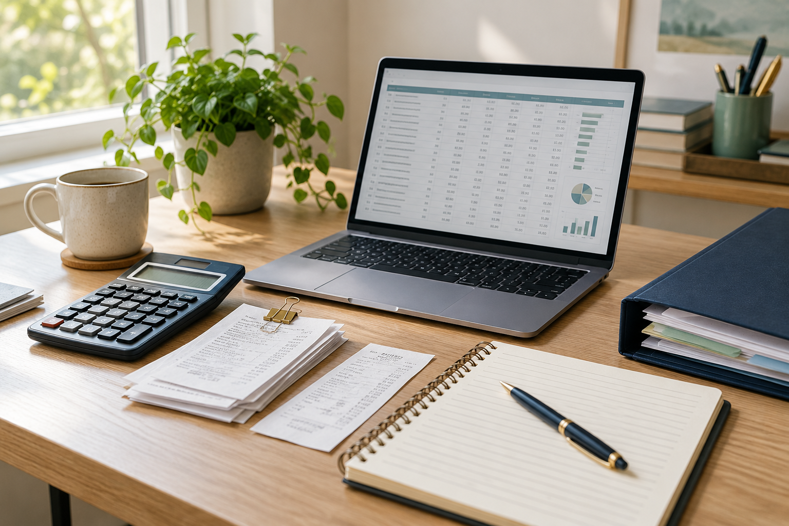 Bookkeeping workspace with a laptop, calculator, organized receipts and financial records