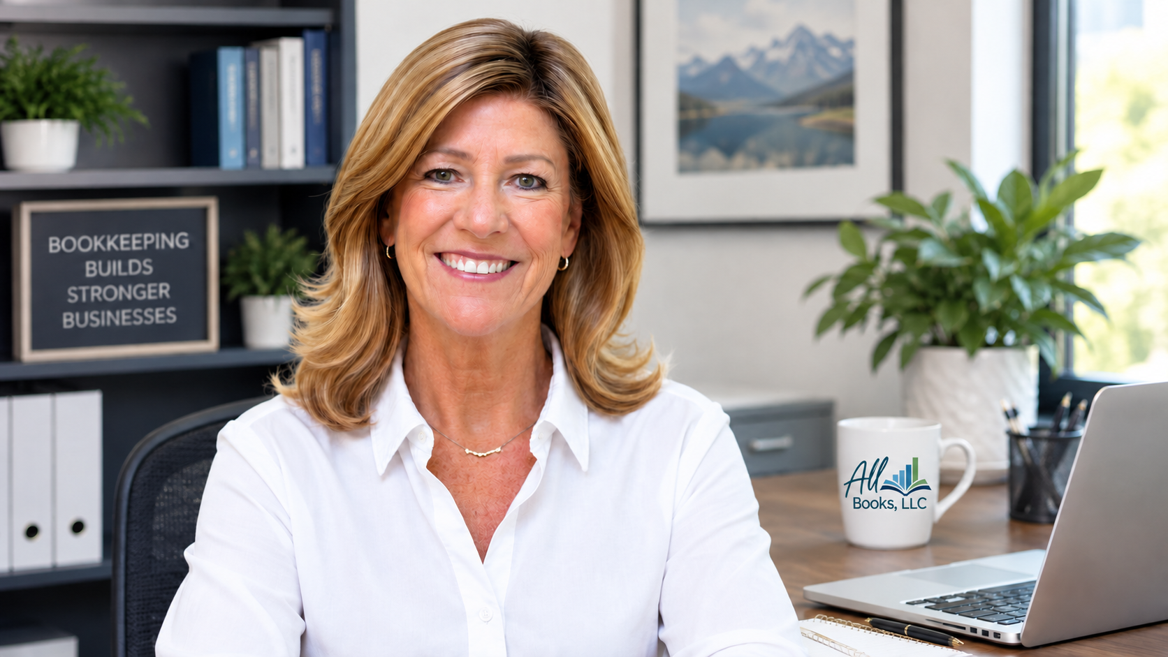 Kara Craig at her bookkeeping office with an All Books, LLC branded mug