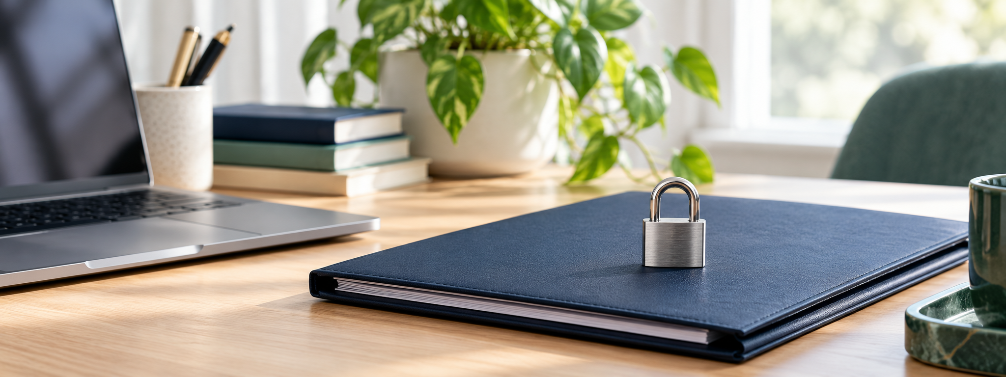 A locked document folder on an office desk beside a laptop and green plant
